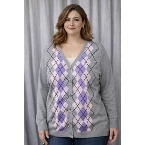 Liz Claiborne Gray Argyle Cardigan Sweater Lavender Pink Plus Size 3X